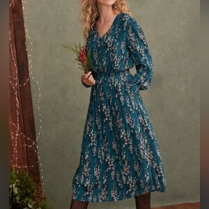 MWT Garnet Hill Teal Blue Green Floral Long Sleeve Dress size M